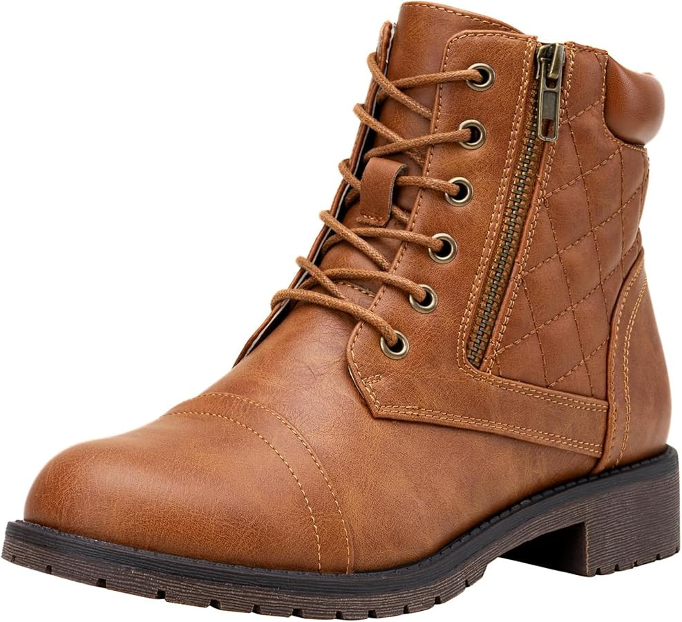 Vepose Women's Combat Ankle Boots Lace up Comfortable Short Booties Low Heel | Amazon (US)