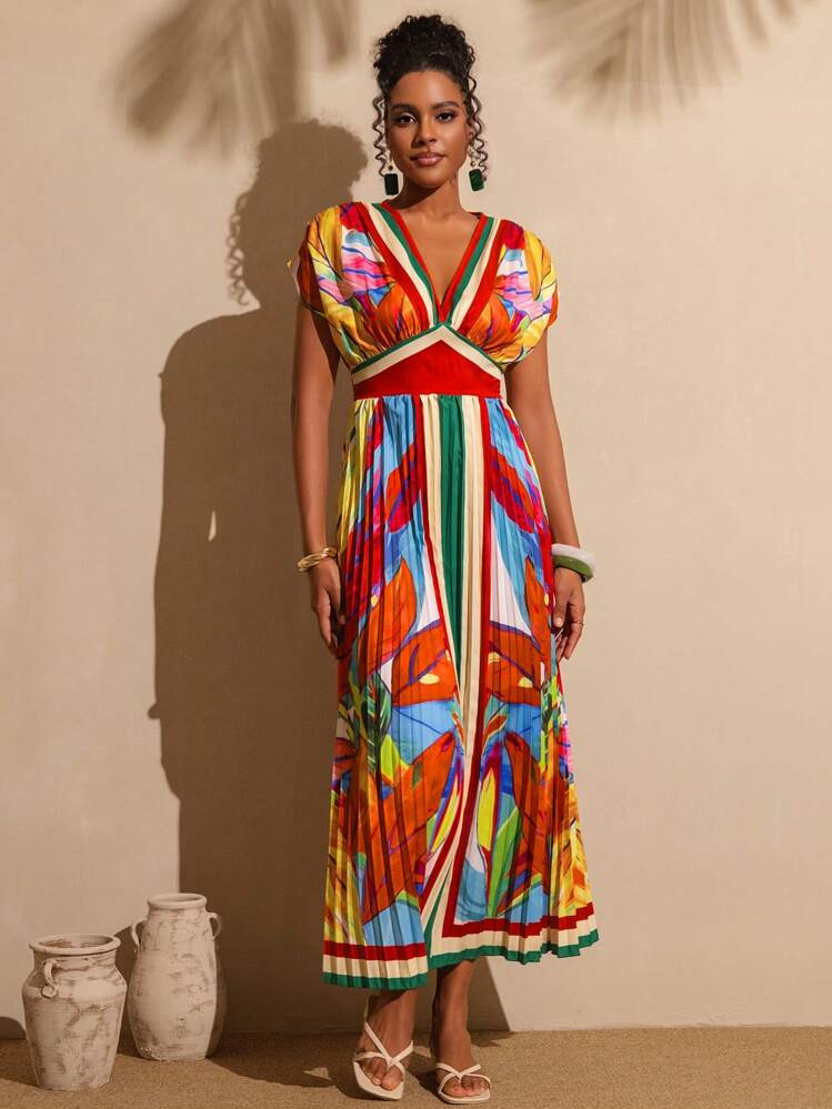 Vesra Colorful Print V-Neck Batwing Sleeve Pleated Vacation Dress For Women | SHEIN