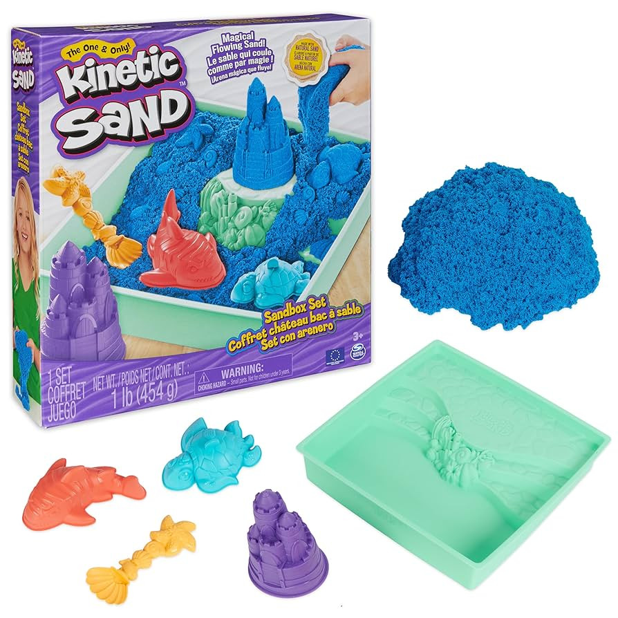 Kinetic Sand, Sandbox Set with 1lb Blue Play Sand, 4 Tools & Molds, Storage, Sensory Toys for Kid... | Amazon (US)