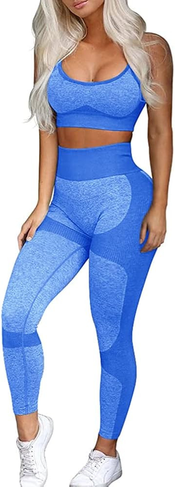 OLCHEE Women\u2019s Workout Sets 2 Piece - Seamless Yoga Leggings and Cross-Strap Sports Bra Gym ... | Amazon (US)