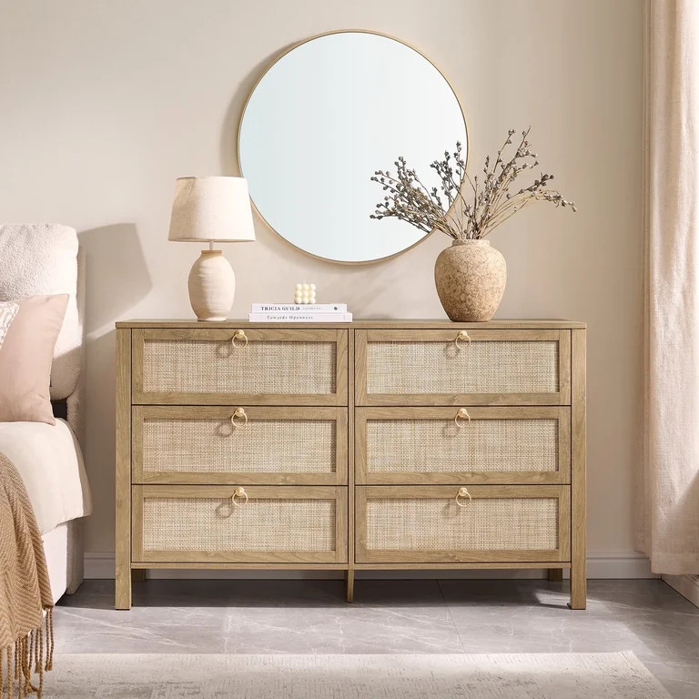 SICOTAS 51.14" Wide 6-Drawer Rattan Dresser, Large Boho Chest of Drawers with Gold Handle for Bed... | Walmart (US)