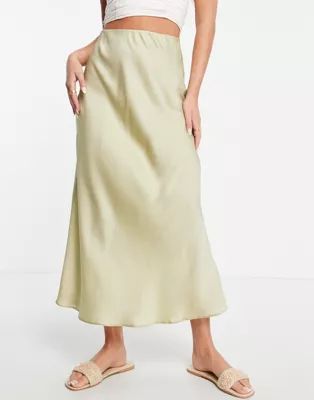 New Look satin bias midi skirt in light green | ASOS (Global)
