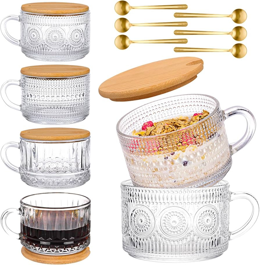Moretoes 6pcs 14oz Vintage Glass Coffee Mugs Set, Glass Iced Coffee Cups with Lids and Spoons, Cl... | Amazon (US)