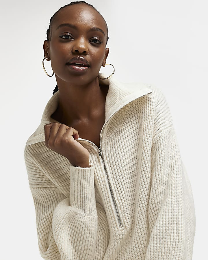 Cream knit half zip jumper midi dress | River Island (UK & IE)