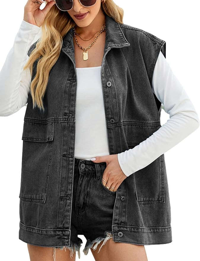 Zontroldy Denim Jean Vest for Women Oversized Sleeveless Button Down Denim Jean Vest Waistcoat Sh... | Amazon (US)