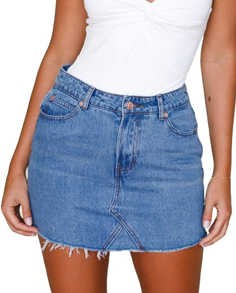 Jean Skirts for Women's Casual Washed Frayed Stretch Denim Mini Skirt | Amazon (US)