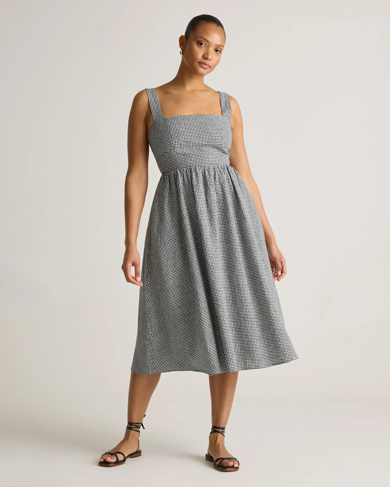 100% European Linen Fit & Flare Midi Dress in Classic Mini Gingham | Quince