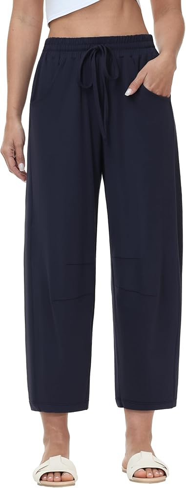 Womens Cropped Pants High Waisted Wide Leg Capri Pants Drawstring Casual Barrel Trousers with Poc... | Amazon (US)
