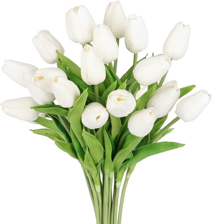 Tulips Artificial Flowers 20 Pcs White Fake Tulip Stems Real Touch PU Tulips for Easter Spring We... | Amazon (US)