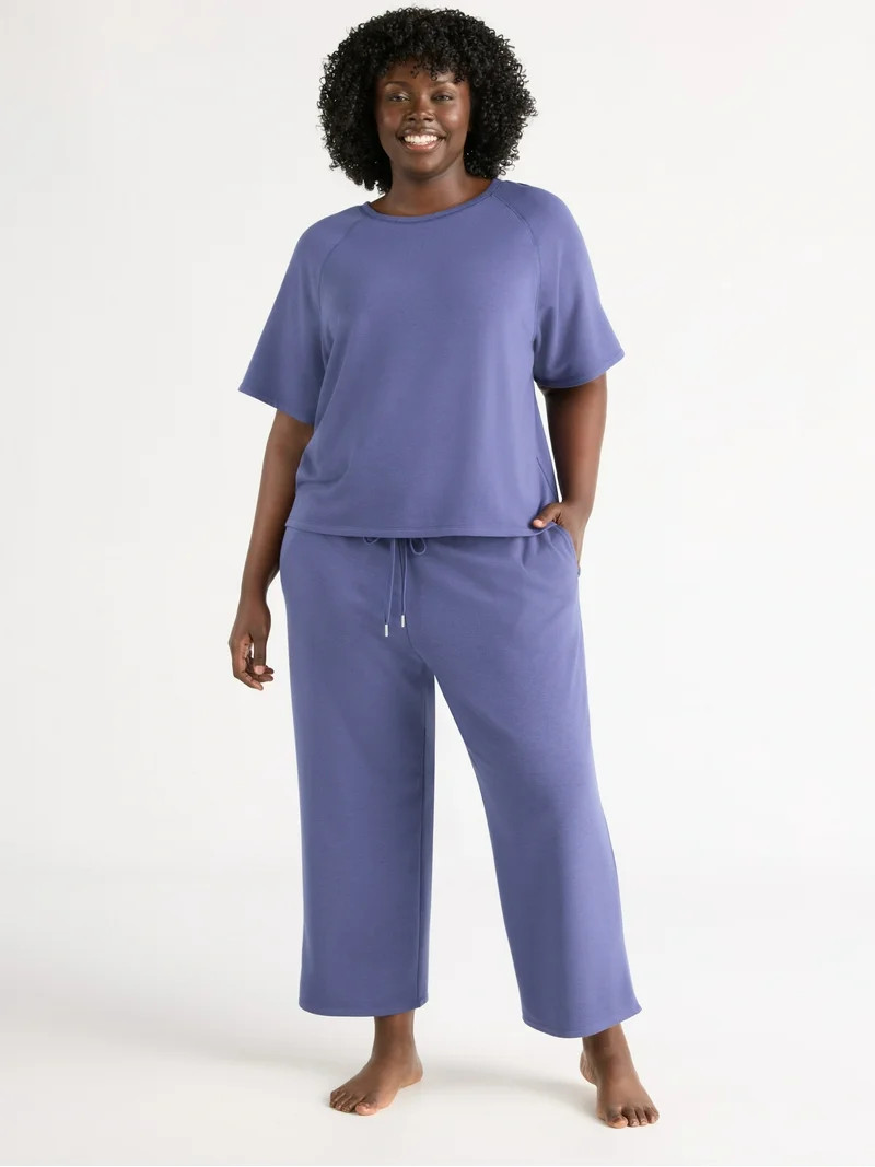 Joyspun Women's French Terry Short Sleeve Top and Capri Pants Pajama Set, 2-Piece, Sizes XS-3X | Walmart (US)