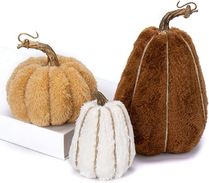 DILATATA 3 Pcs Assorted Faux Sherpa Pumpkins Small Fabric Pumpkins Mini Fake Plush Pumpkins for F... | Amazon (US)