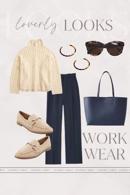 Loverly Grey fall workwear outfit idea. Navy wide leg pants and cable knit sweater perfect for fall. 

#LTKstyletip #LTKworkwear #LTKSeasonal