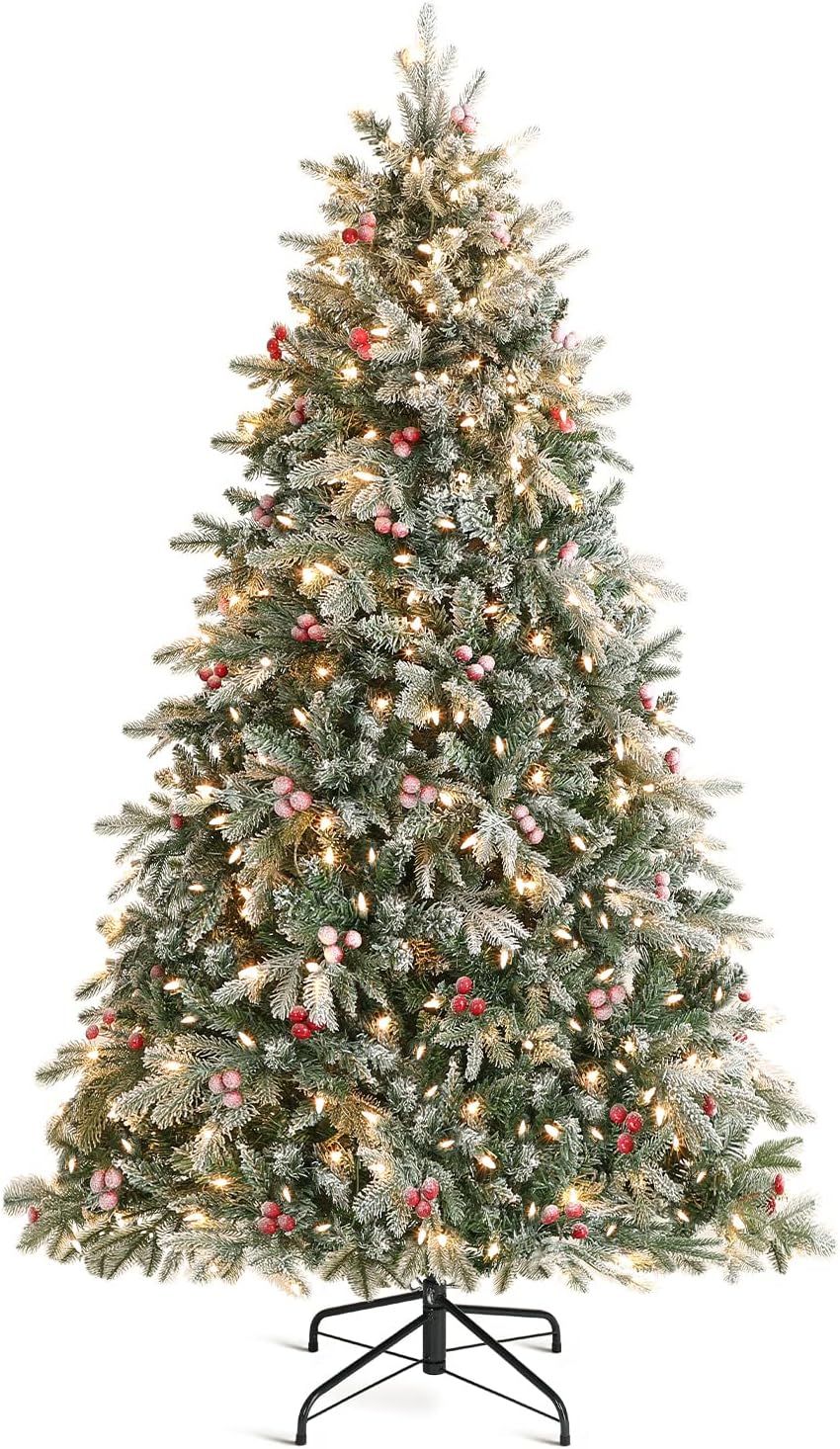 HOMAKER 7.5ft Pre-Lit Christmas Tree Snow Flocked, Pre-Decorated Hinged Artificial Fir Tree with ... | Amazon (US)