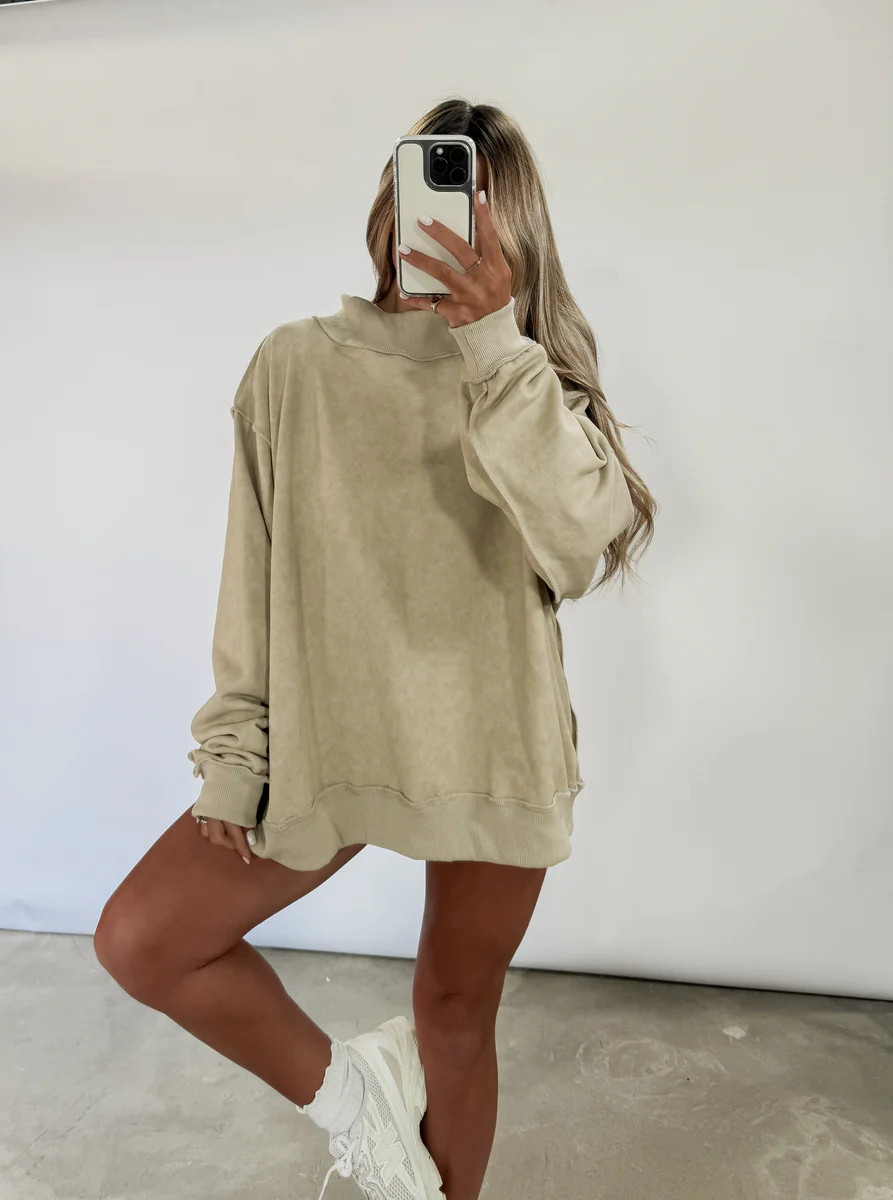 Soft Seasons Vintage Wash Mock Neck Sweatshirt - Taupe | CK Squared Boutique