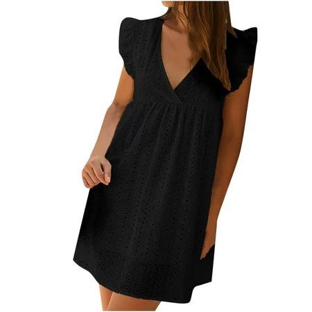 Babydoll Dress for Women Ruffle Sleeve V-Neck Solid Color Summer Sun Dresses Casual Flowy Short Beac | Walmart (US)
