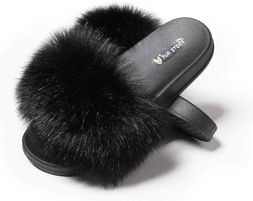Women's Furry Slides Faux Fur Slides Fuzzy Slippers Fluffy Sandals Outdoor Indoor | Amazon (US)