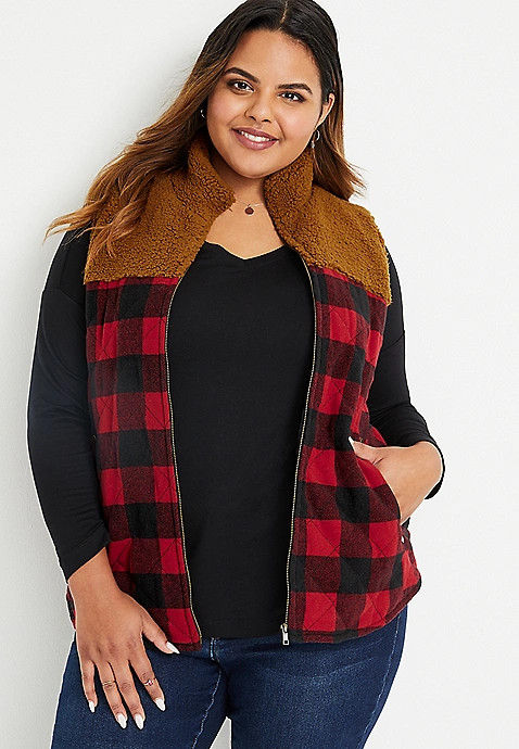Plus Size Buffalo Plaid Sherpa Block Vest | Maurices