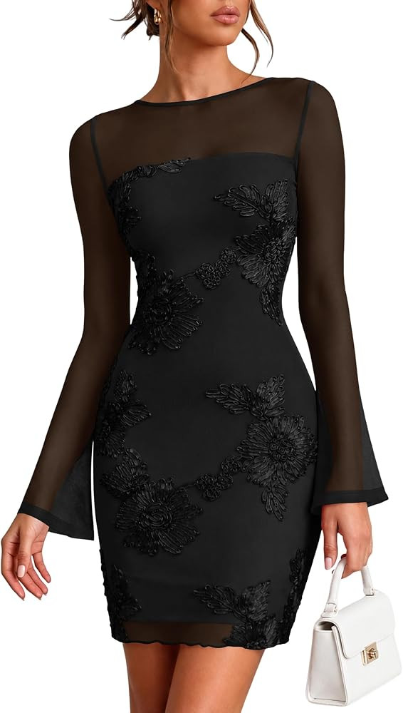 Lazysmile Womens Long Sleeve Floral Mesh Wedding Guest Short Dress | Amazon (US)
