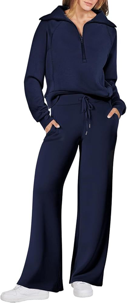Amazon.com: ANRABESS Women 2 Piece Outfits Sweatsuit Set 2023 Fall Trendy Oversized Quarter Half ... | Amazon (US)