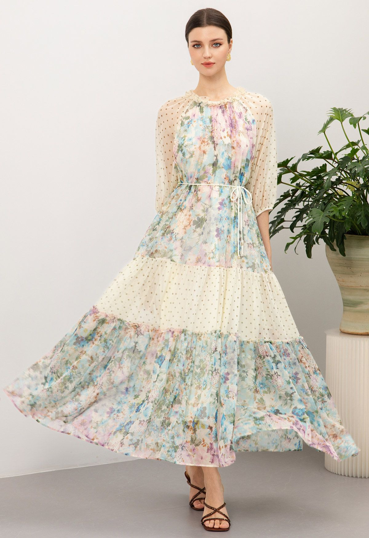 Garden Bloom Polka Dot Chiffon Maxi Dress for Sunset Strolls & Coastal Getaways | Chicwish