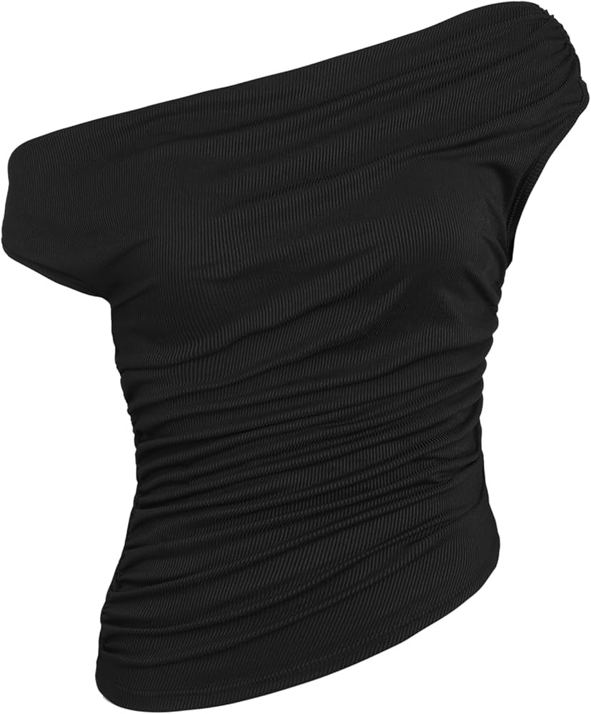 CIDER Asymmetrical Neck Ruched Crop Top | Amazon (US)