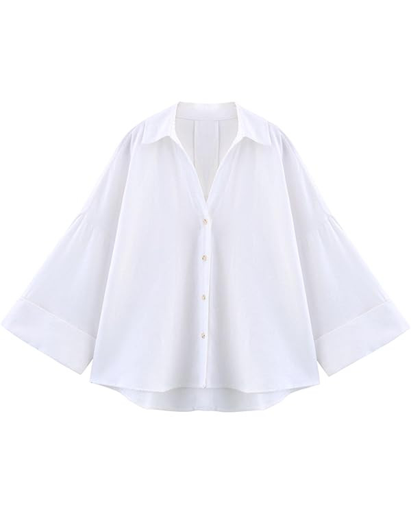 Xunger Women's Lapel Collar Striped Loose Sleeve Shirt Casual Pleated Versatile Oversized Blouse | Amazon (US)