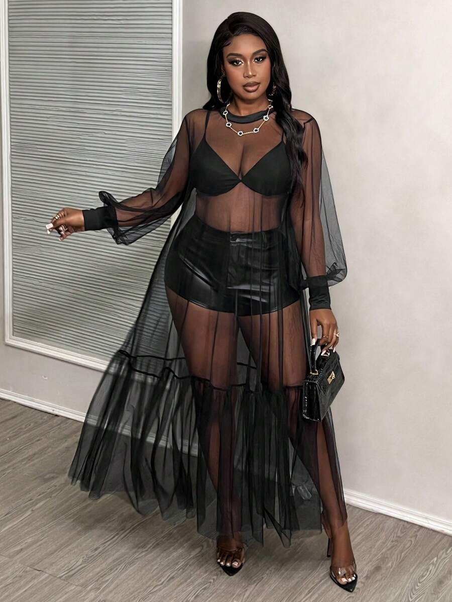 Slaydiva Plus Size Sheer Solid Loose A-Line Dress In Black | SHEIN