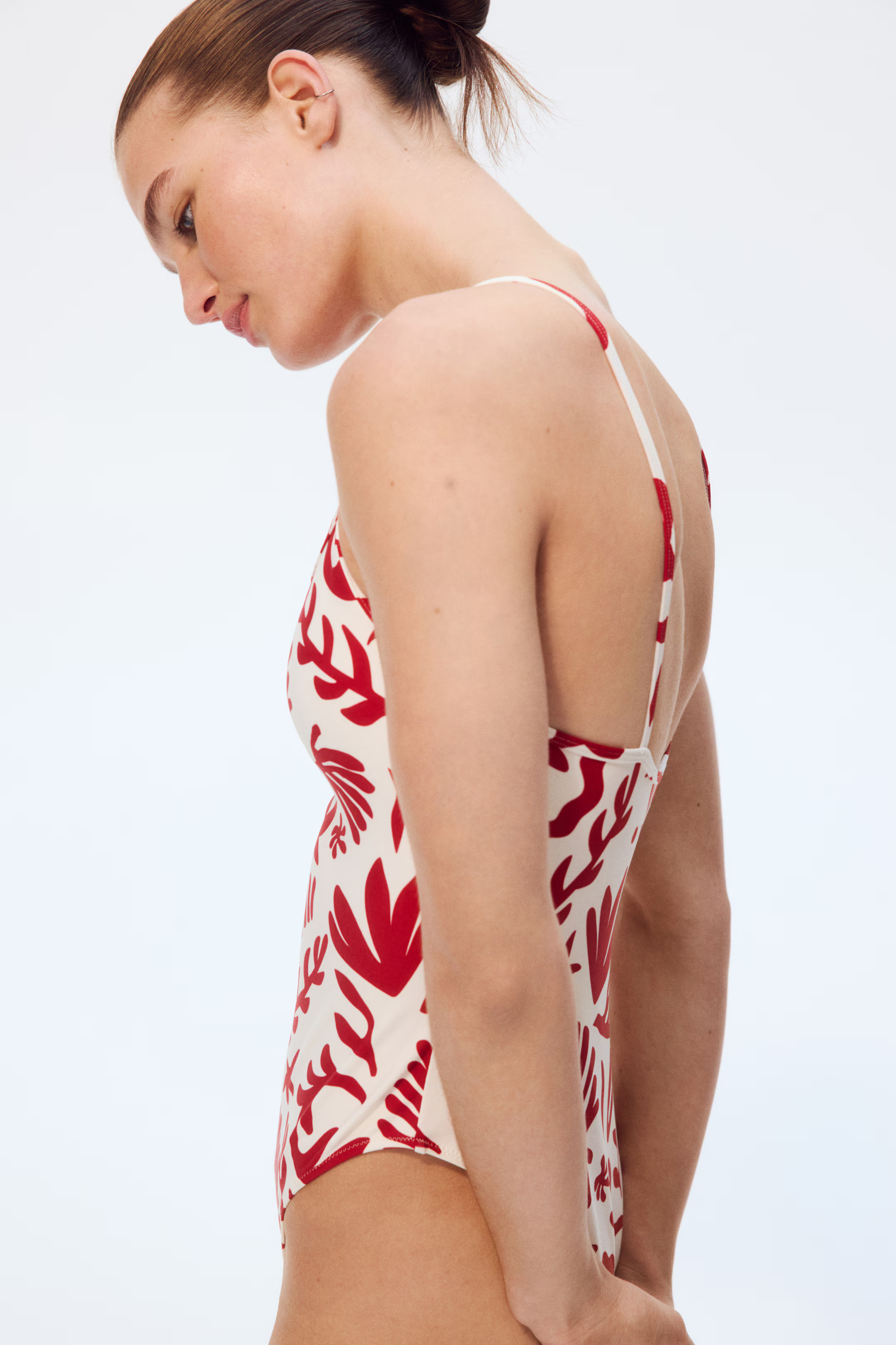 Padded-Cup High-Leg Swimsuit - White/dark red patterned - Ladies | H&M US | H&M (US + CA)