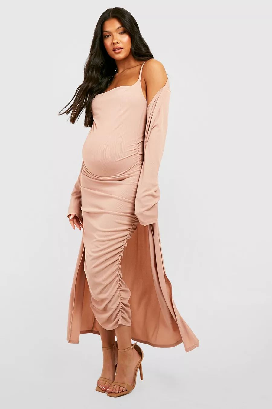 Maternity Rib Strappy Cowl Neck Dress Duster | Boohoo.com (US & CA)