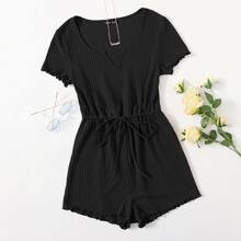 Plus Drawstring Waist Lettuce Edge Romper | SHEIN