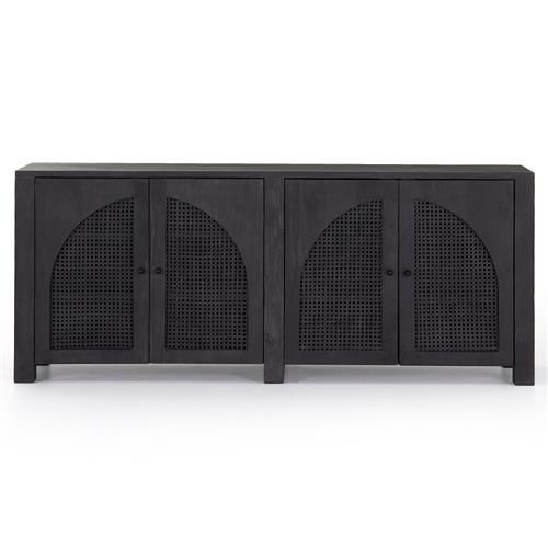 Kashton Mid Century Black Wash Mango Wood Arched Cane 4 Door Sideboard | Kathy Kuo Home