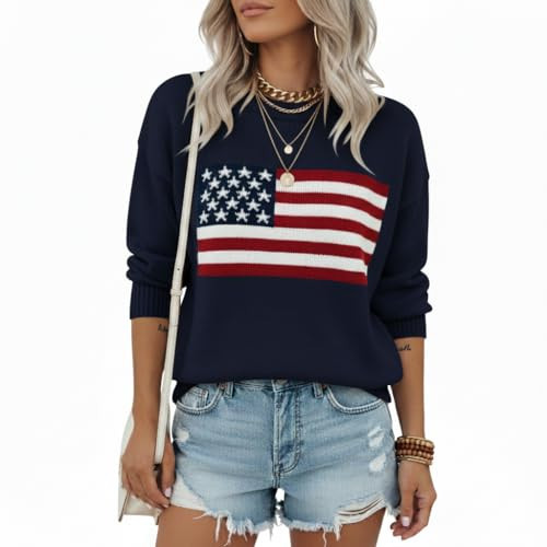 Grewear Women's American Flag Pattern Long Sleeve Lightweight Round Neck Sweater Casual Loose Pullover Sweater Independence's Day Gift USA American Flag Sweaters Women XS Navy LSL | Amazon (US)
