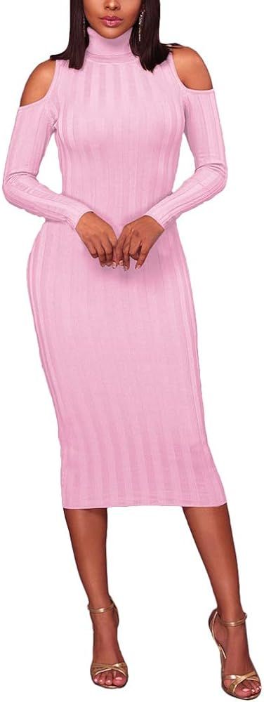 Women' s Sexy Slim Knit Stretch Turtleneck Long Sleeve Cold Shoulder Warm Sweater Dress | Amazon (US)
