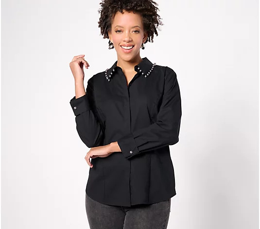 BEAUTIFUL by Lawrence Zarian Hidden Placket Poplin Shirt w/ Pearl Trim - QVC.com | QVC