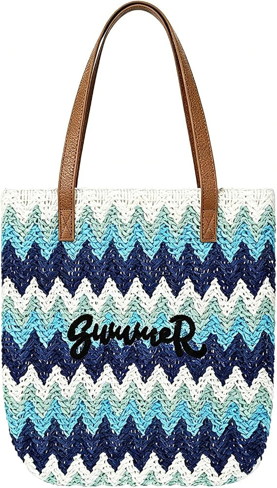 Andiker Straw Beach Bag for Women, Large Capacity Wavy Pattern Tote Bag with Zip, Summer Woven La... | Amazon (UK)