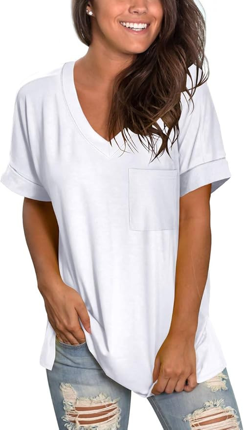 SAMPEEL Women's V Neck T Shirts Short Sleeve Summer Tops with Pocket | Amazon (US)