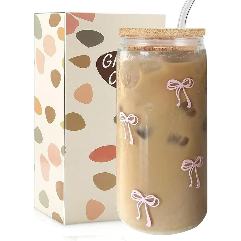 LIOUCBD Coquette Aesthetic Glass Cups with Lids and Straws - Pink Bow Iced Coffee Cup Decor, Cute... | Walmart (US)