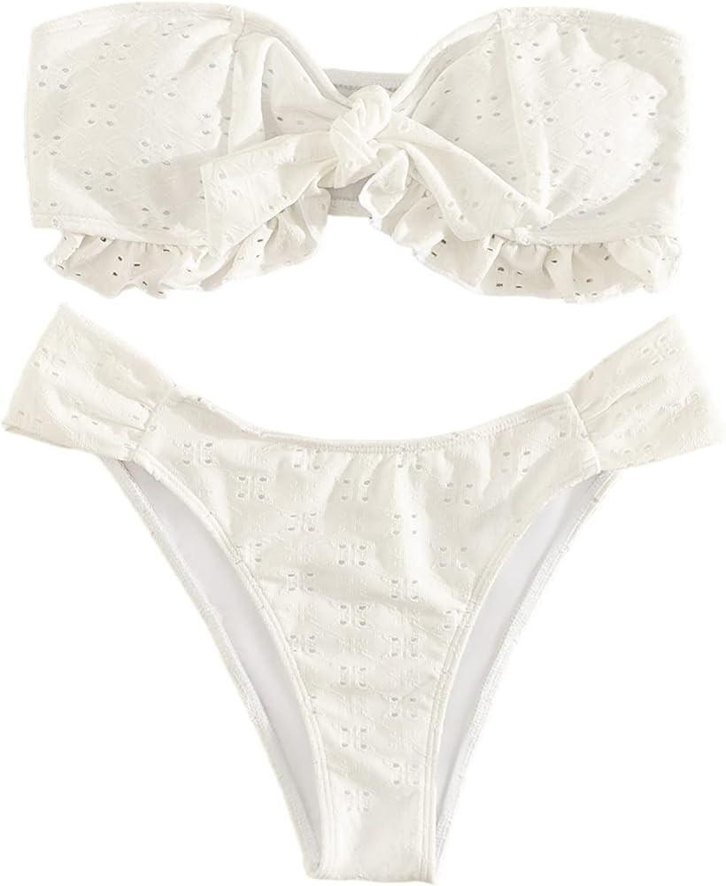 Floerns Women's 2 Piece Bathing Suit Ruffle Hem Bandeau Tie Front Bikini Set | Amazon (US)