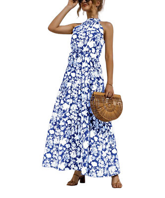 Amasoo Blue & White Floral Belted Halter Maxi Dress Size S | eBay US