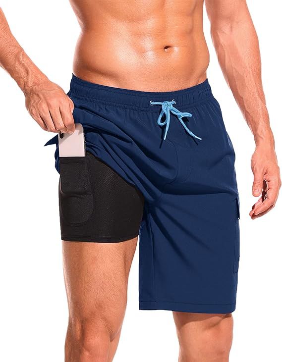 SILKWORLD Men's Swim Trunks with Compression Liner Quick Dry Bathing Suits 9 Inch Swimming Shorts... | Amazon (US)