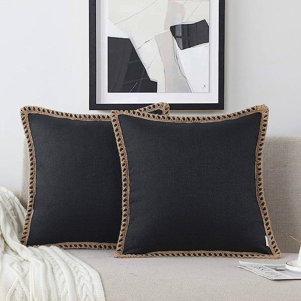 NordECO HOME Set of 2 Farmhouse Throw Pillow Covers - Burlap Linen Trimmed Tailored Edges Decorat... | Amazon (US)