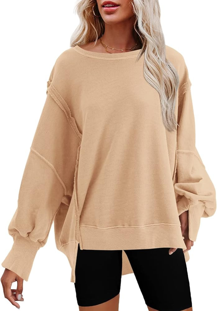 Nirovien Womens Oversized Crewneck Sweatshirt Side Slit Long Sleeve Pullover Slouchy Fit Tops | Amazon (US)