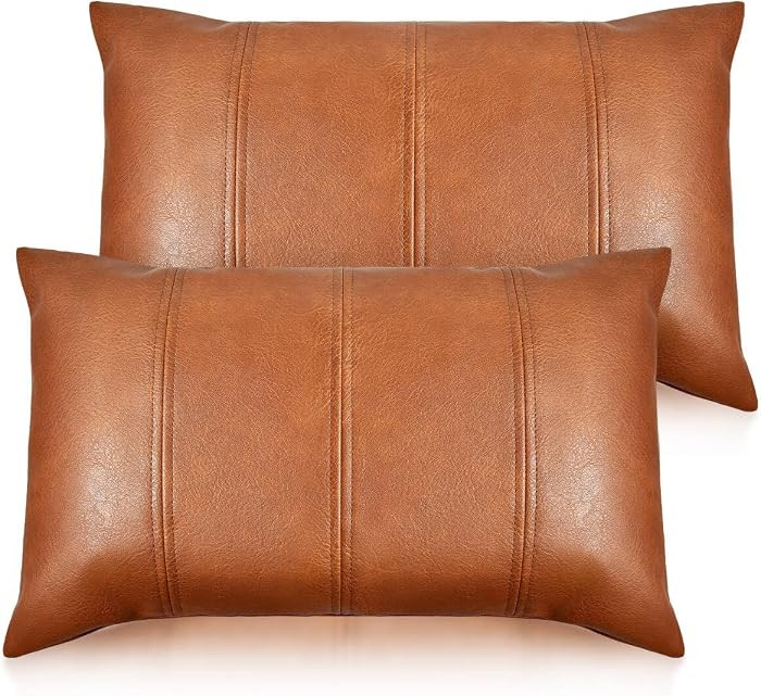 Faux Leather Throw Pillow Covers 12X20 Inch Set of 2 Brown Outdoor Modern Farmhouse Solid Decorat... | Amazon (US)