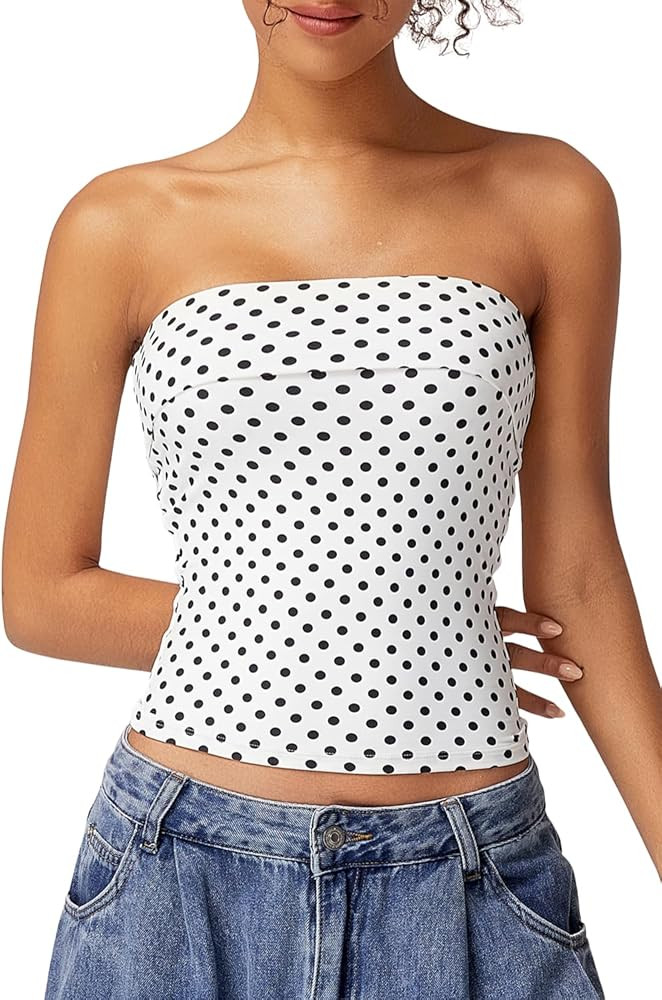 QINSEN Women's Tube Tops Strapless Bandeau Tops Double Lined Slim Fit Summer Going Out Tank Tops | Amazon (US)