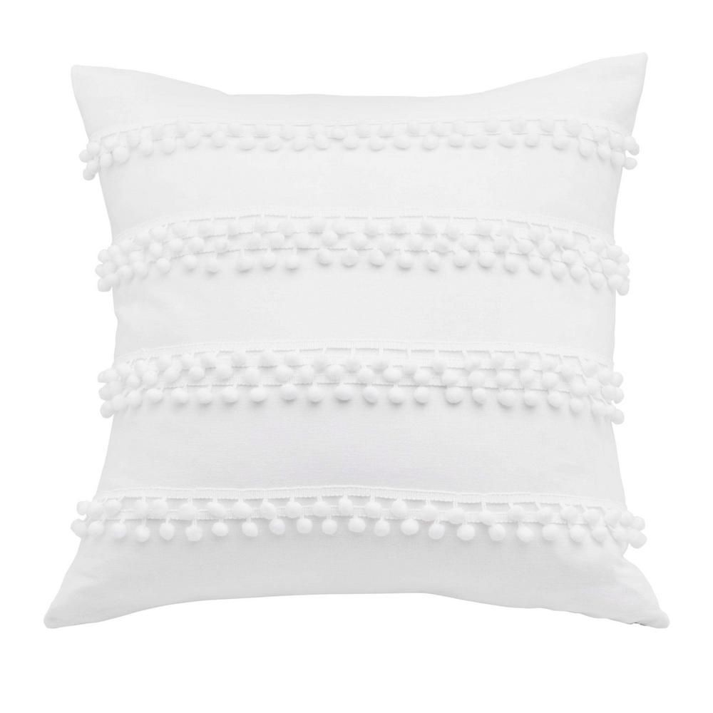 Pom Pom White 1-Piece 20 in. x 20 in.Cotton Blend Throw Pillow | The Home Depot