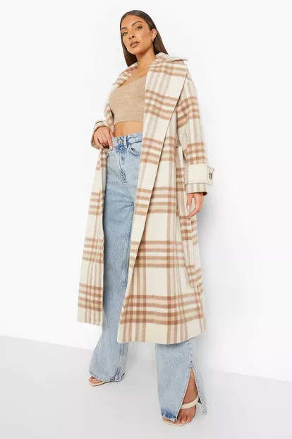Check Belted Wool Look Coat | Boohoo.com (US & CA)