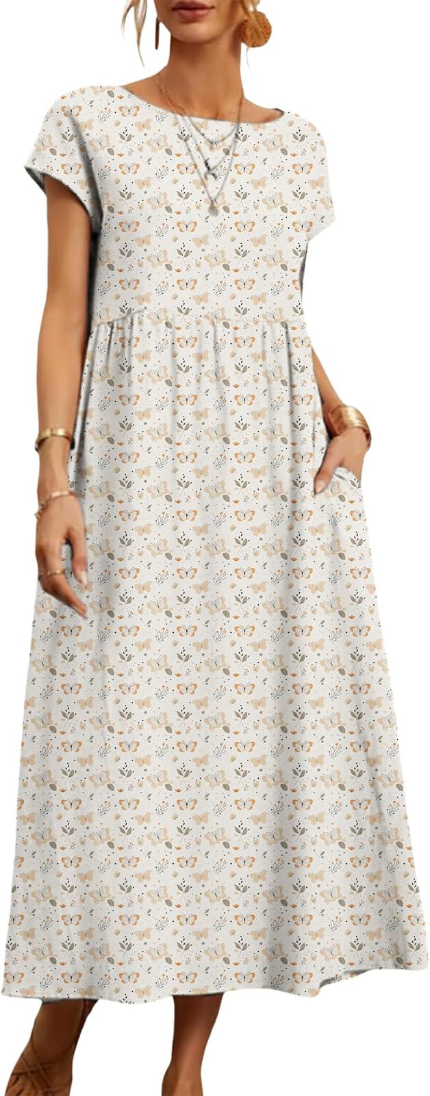 Butterfly Boho Dress for Women Ruffle Tshirt Dress Short Sleeve Crew Neck Maxi Dresses Trendy Sum... | Amazon (US)