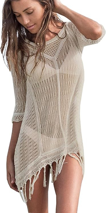 Wander Agio Beach Swimsuit for Women Sleeve Coverups Bikini Cover Up Net Slit Dark Beige | Amazon (US)