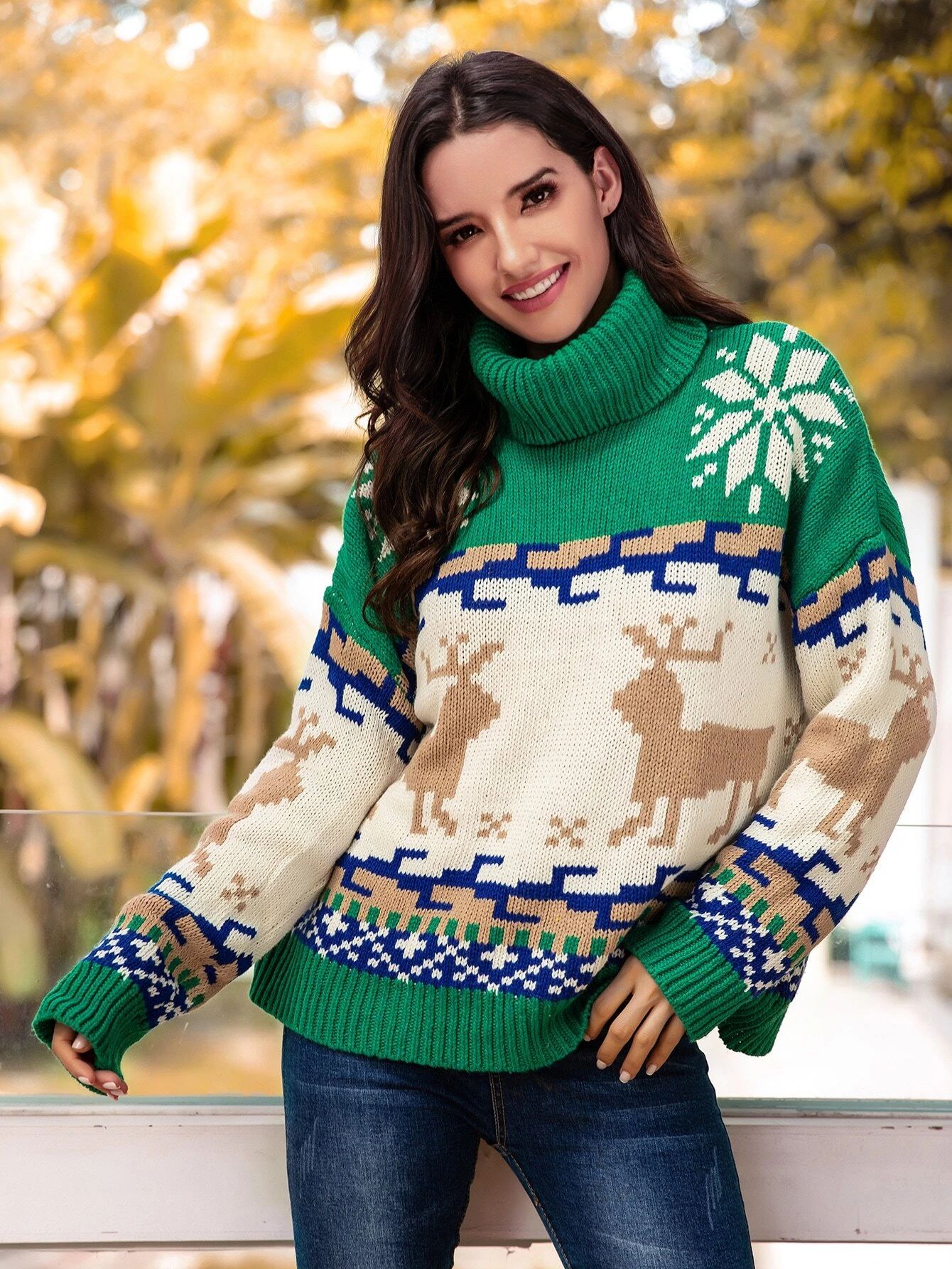 Christmas Pattern Turtleneck Drop Shoulder Sweater | SHEIN