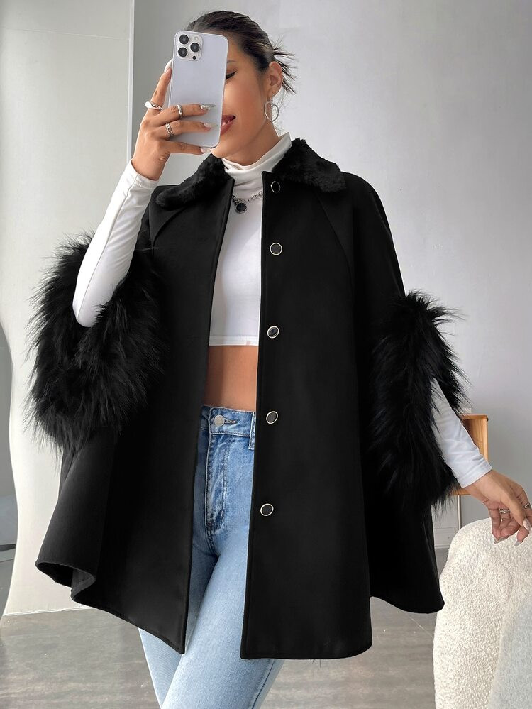 SHEIN Unity Borg Collar Fuzzy Cuff Raglan Sleeve Overcoat | SHEIN